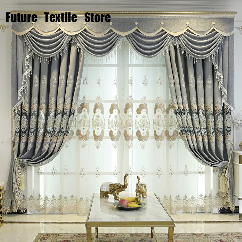 

2022 New Style Cashmere Embroidered Curtain European Style Villa Shading Curtain Cloth Curtains for Living Dining Room Bedroom