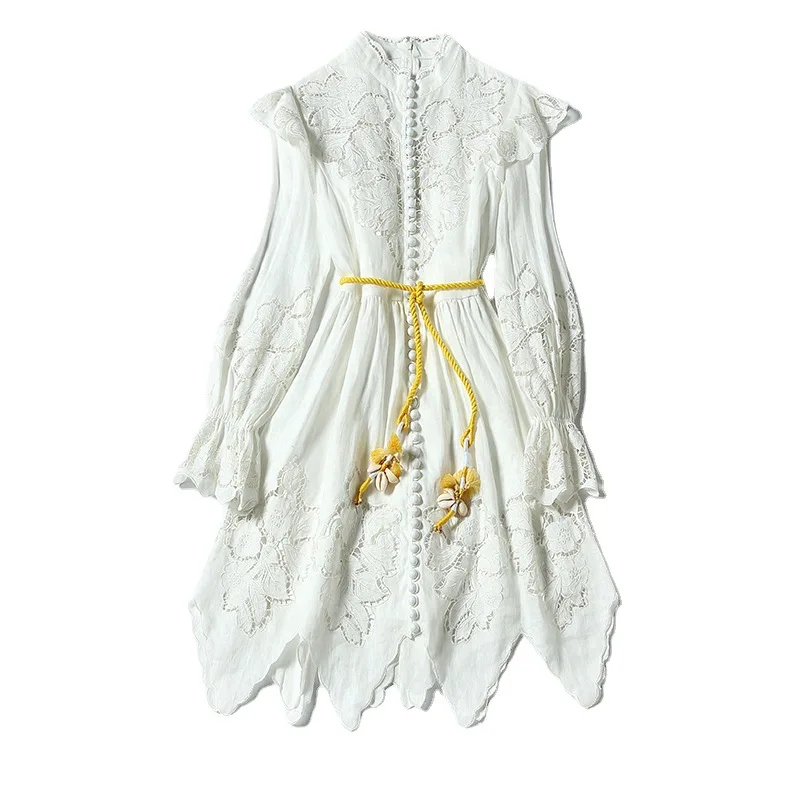 

2021 summer temperament commuter lace hollow national style long skirt solid color mid-waist pullover hit color female dress