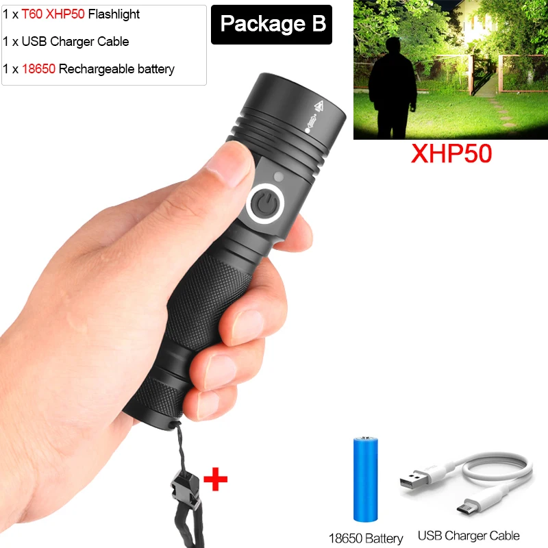 Package B Мощный светодиодный фонарь XHP70.2 светодиодный фонарь с зарядкой от USB XHP50 светодиодный фонарь с приближением и батареей 18650 - Испускаемый цвет: Package B