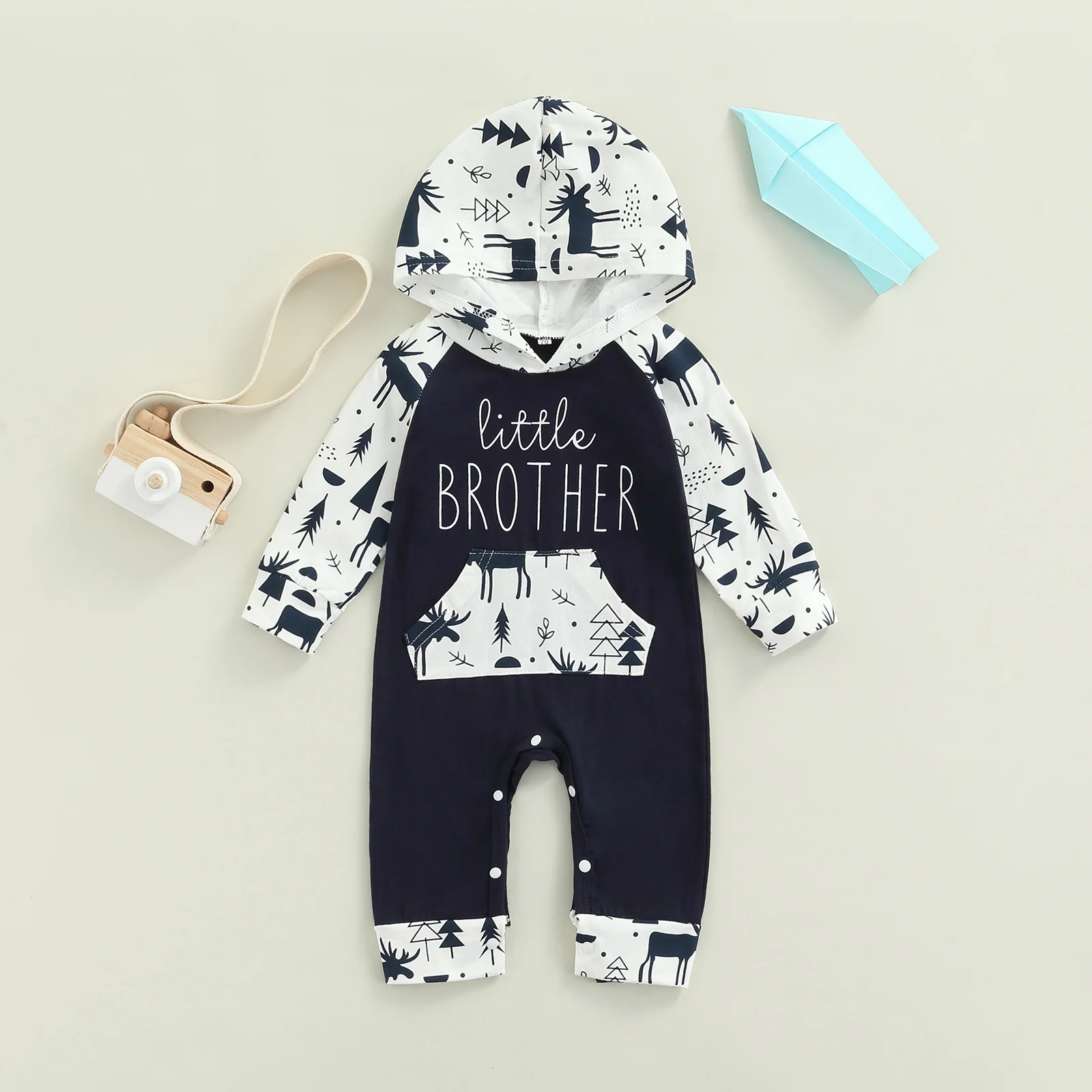 

0-24 Months Newborn Color Block Jumpsuit, Toddler Casual Printed Long Sleeve Romper with Pocket