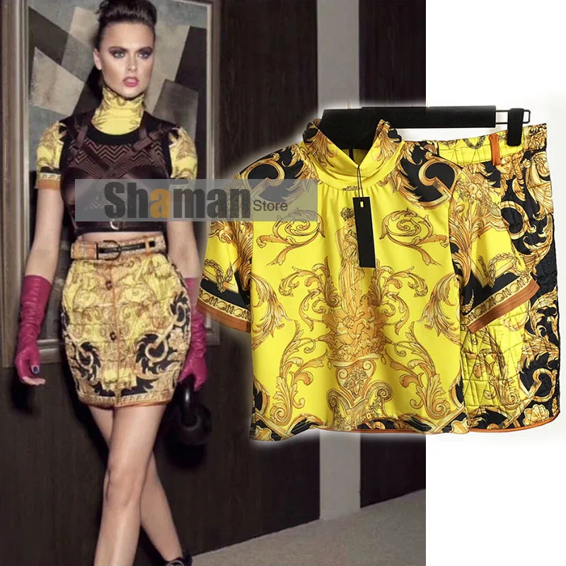 

High End Luxury Designer Runway Two Piece Outfits for Women Vintage Turtleneck Short Sleeve crop Top High Waist Skirt clothes