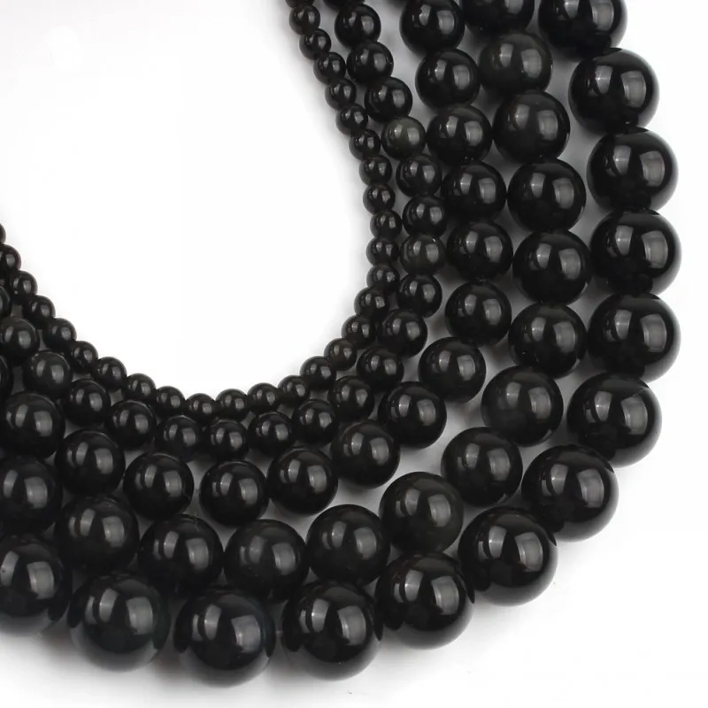 Круглые бусины из натурального черного обсидиана гладкие незакрепленные