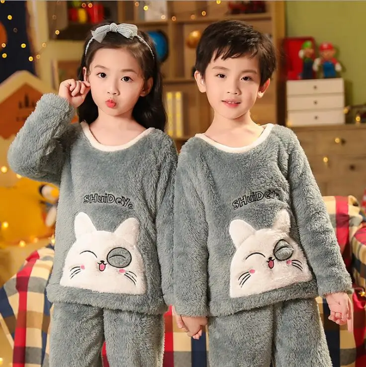 Winter Kids Pijamas Flannel Sleepwear Girls Boys Pyjamas Coral Fleece Kids Pajamas Sets 3-13T Kids Clothes Nightwear /Homewear