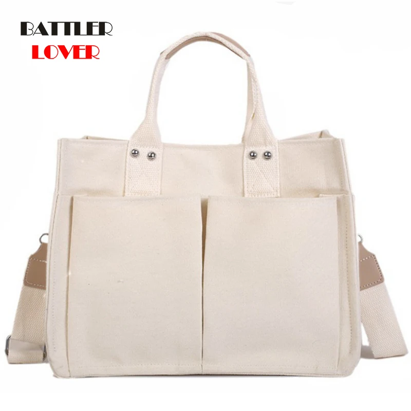 

Women Handbag Korean School Simple Solid Color Casual Canvas Messenger Shoulder Tote Hot Sale Student Large Capacity Pocket Bags