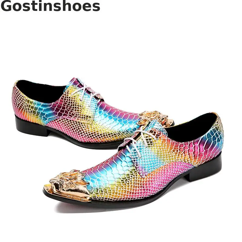Модные мужские туфли в стиле Дерби цвета радуги повседневные кожаные из