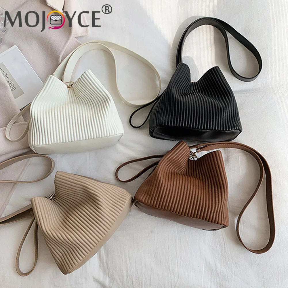 

Women Fashion PU Leather Shouder Crossbody Bags Portable Solid Color Small Bucket Handbags Casual All-match Striped Clutch Bag