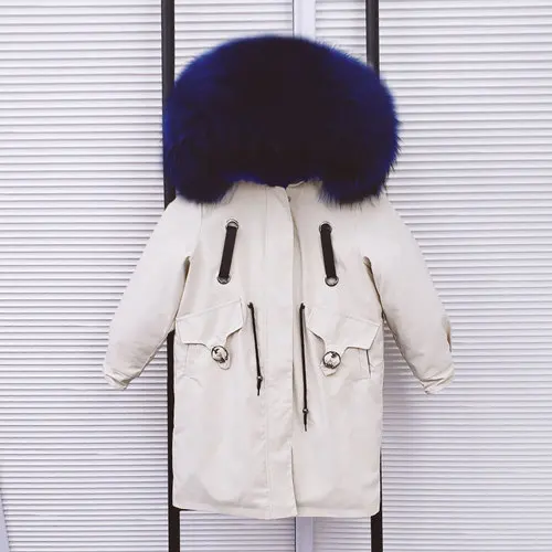 Khaki NavyBlue Новинка года, парки с натуральным мехом для мальчиков и девочек зимняя детская куртка Xlong пальто с капюшоном из натурального меха енота Съемная подкладка из кроличьего меха - Цвет: Khaki NavyBlue
