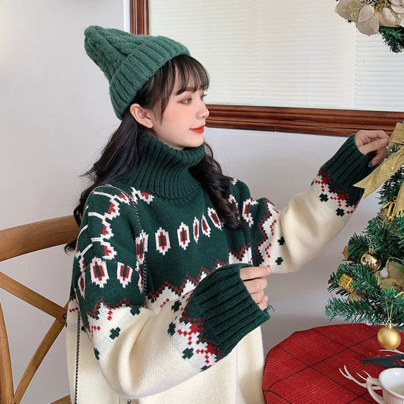 Christmas Knitted Dark Green Sweater Long Sleeve Knit Y2k Tops For Female Sweaters Japanese Streetwear Women Pullovers Jersey