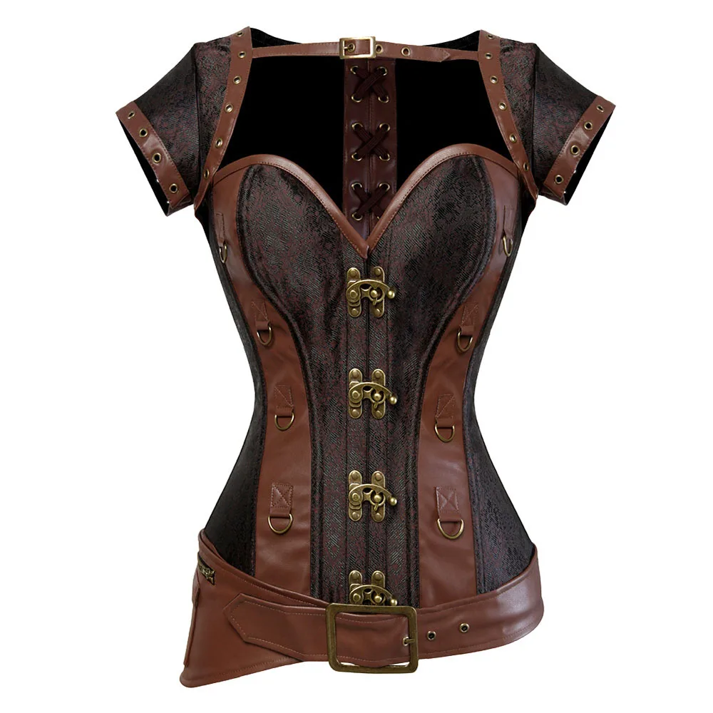 

Womens Vintage Gothic Steampunk Spiral Steel Boned Corset Brown Outerwear Bustier Overbust Corselet Pirate Clothing Partywear