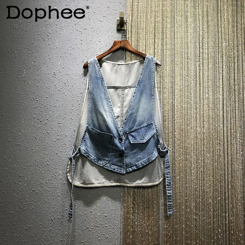 

Vintage Fashion Denim Vest for Women Loose New 2021 Summer Thin Sleeveless Waistcoat Short Coat Female Crop Tops Outerwear Camis
