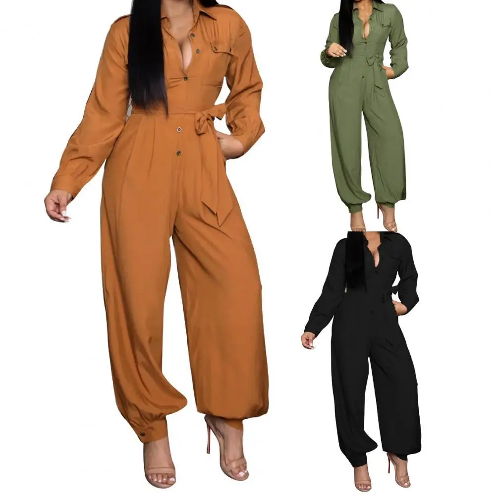 

Elegant Long Women's Overalls Long Sleeve Turn Down Collar Jumpsuit Solid Color Autumn Lapel Ankle Tied Jumpsuit for Dating