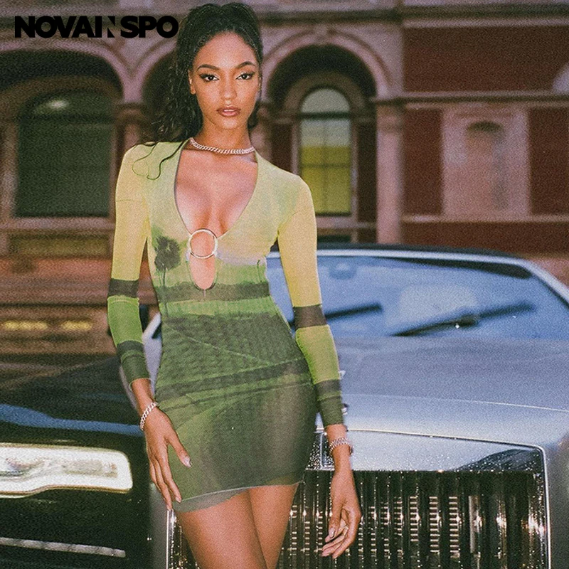 

NOVAINSPO Deep V Neck Printing Hollow Out Long Sleeve Mini Dresses Fashion Baddies Style Metal Decoration Clubwear Hot Dresses