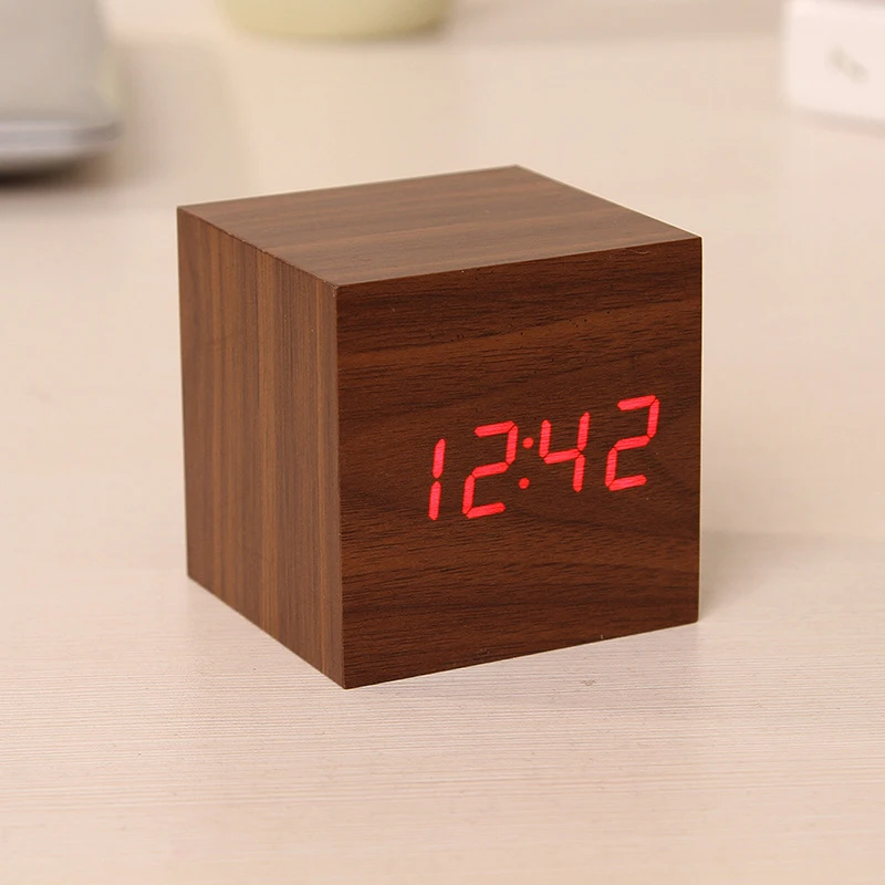 

Mini Wood Sounds Control Clock New Modern Wood Digital LED Desk Alarm Clock Bedside Table Clock Calendar Table Decor