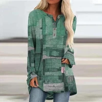 large size womens open tube button fashion loose digital printing long sleeved shirt t blusas vestidos de mujer casual