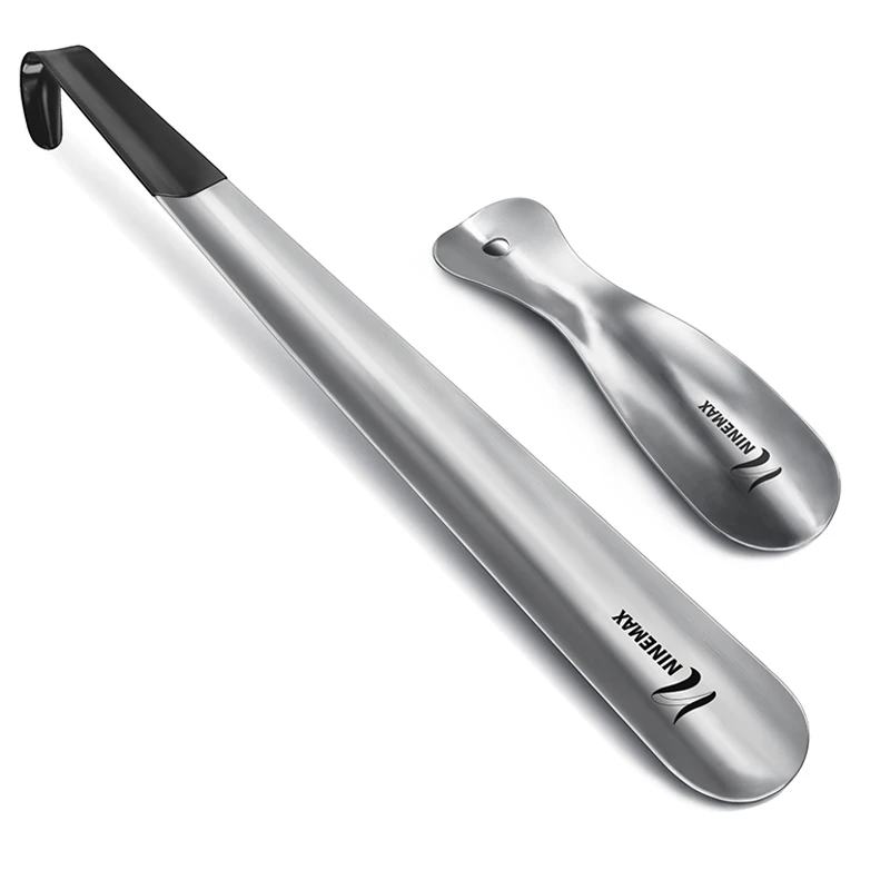 ZOMAKE Long Handle Shoe Horn Stainess Steel Shoe Spoon Set of 2. Travel SizeShoe With Leather Cover Shoe Horn Helper for Seniors