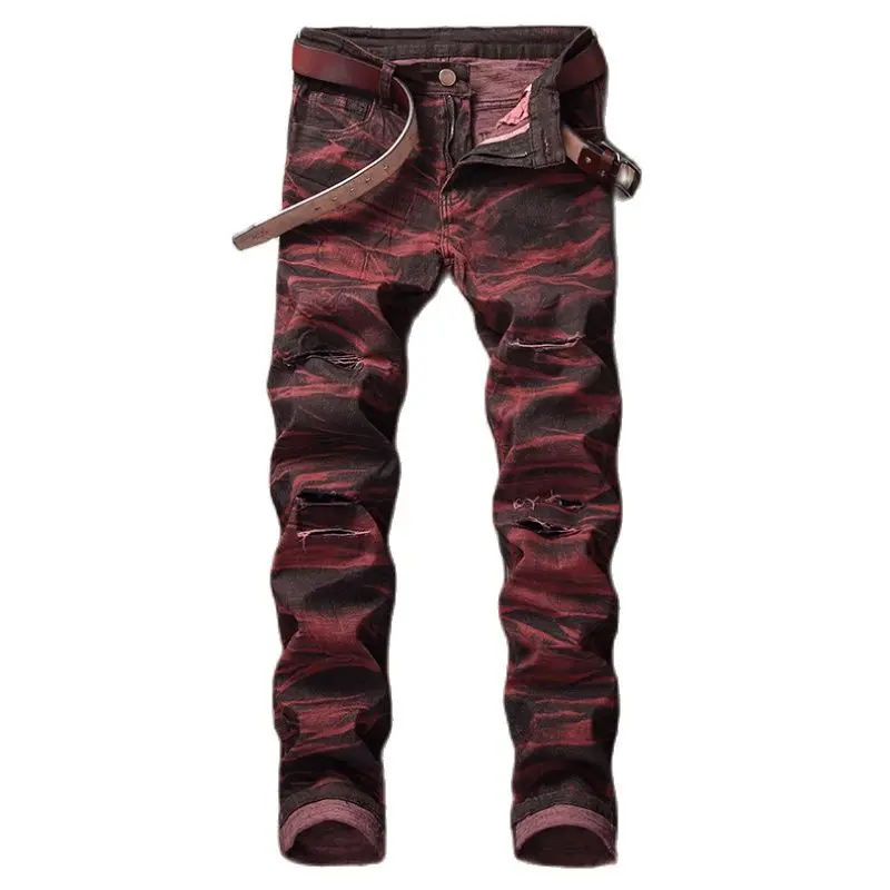 Stylish Hole Ripped Tie Dye Vintage Men Pencil Jeans Trousers Streetwear Kanye West Cotton Retro Green Punk Denim Pants Spodnie