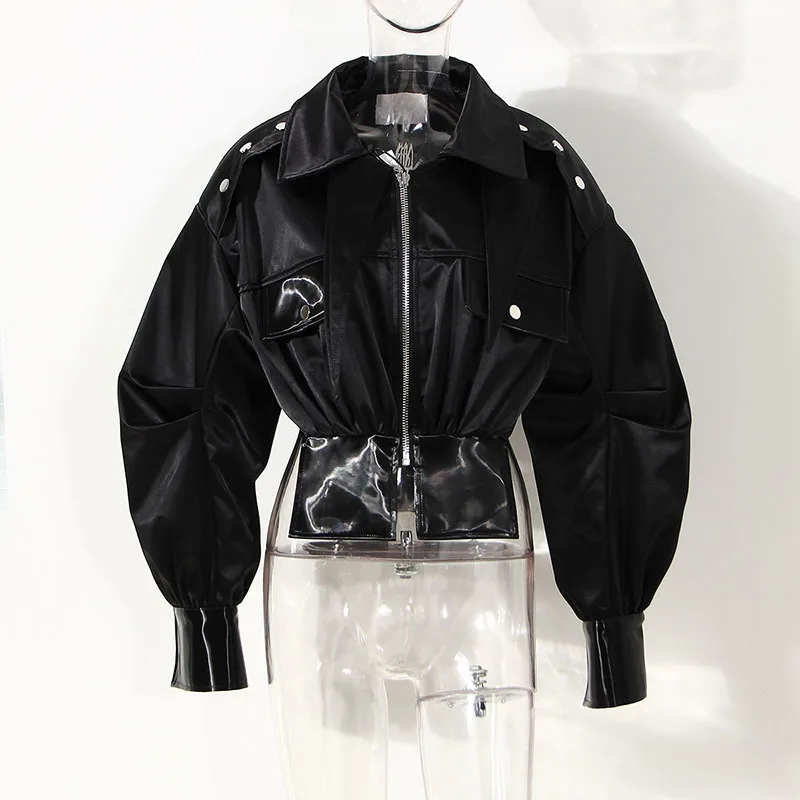 

SeeBeautiful Spliced Loose PU Leather Jacket Coat Lapel Long Sleeve Zipper Pockets New Fashion 2022 Winter Women G853