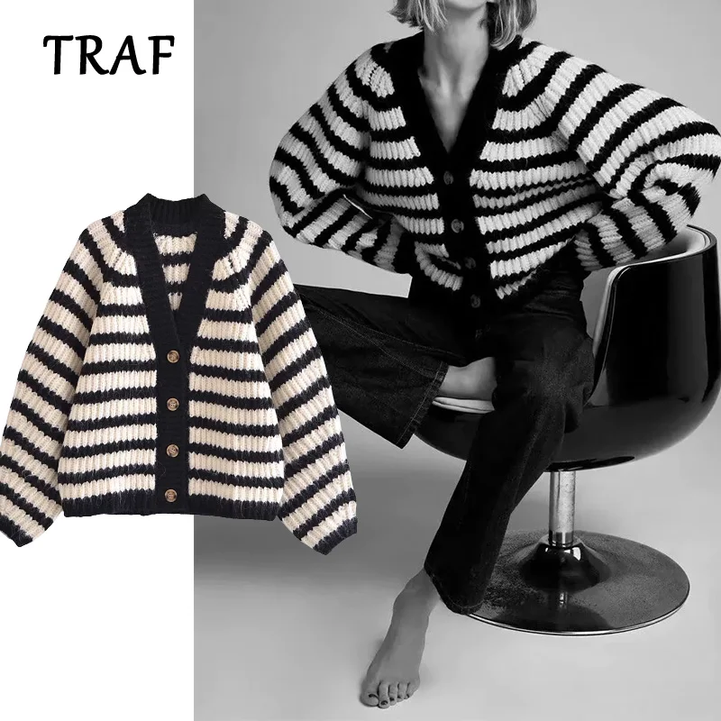 

Кардиган TRAF ZA, женский свитер, Осеннее женское свободное вязаное пальто в полоску, вязаный жакет, кардиган, женские шикарные Элегантные вяза...