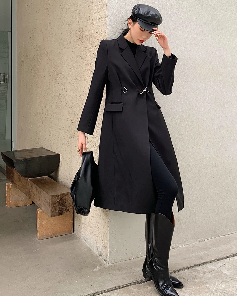 

В винтажном стиле; Женские черные Цвет модный Длинный блейзер тренчи, верхняя одежда Slim fit элегантная женская верхняя одежда