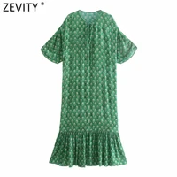 zevity women fashion lace up o neck floral print hem pleat ruffles shirt dress female chic short sleeve casual vestidos ds8345