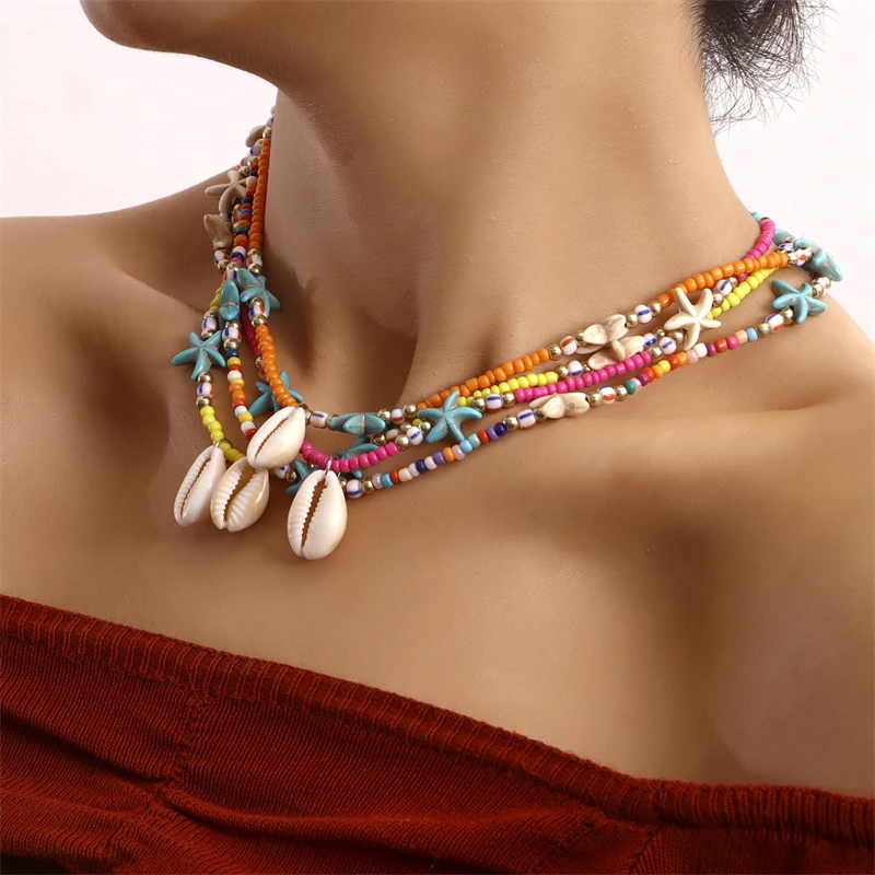 

Boho Style Creative Shell Starfish Shape Pendant Fashion Color Rice Beads Beaded Necklace Women's Party Jewelry Accessories Gift