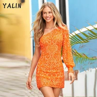 yalin 2022 orange one shoulder cocktail dresses sequin applique mini length prom gowns dubai long sleeve vestidos de fiesta