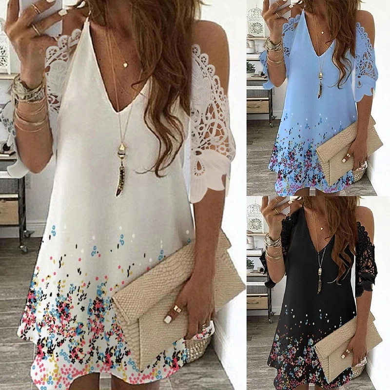 

Summer 2021 Sexy Off Shoulder Dress Women Vintage Floral Print Half Sleeves Midi Casual Sling V Neck Lace Beach Party Dresses