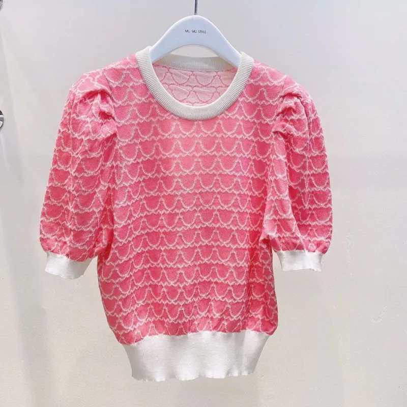 

2021 New Women Summer Fashion Puff Sleeve Knitted Sweater T Shirts Clothing Short Sleeve Knit Pullover Casual For Female Tees