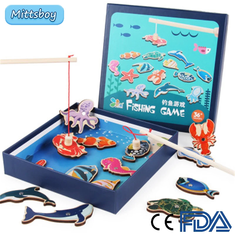 

Montessori Marine Lifes Fishing Puzzle Educational Wooden toy 3D Puzzle Wooden Baby Early Education Enligh Leares DIY Toys Gift