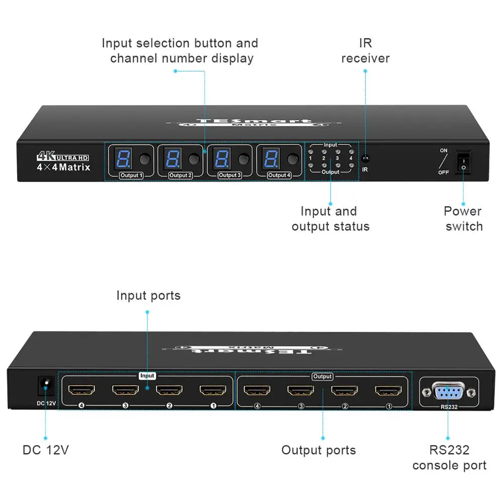 TESmart Ultra HD 4K HDMI 4X4 матричный коммутатор 4 порта входа и выхода с RS232 ИК пультом