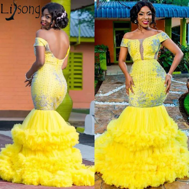 Aso Ebi Желтый Русалка вечернее платье оборки открытые плечи Многоуровневая юбка