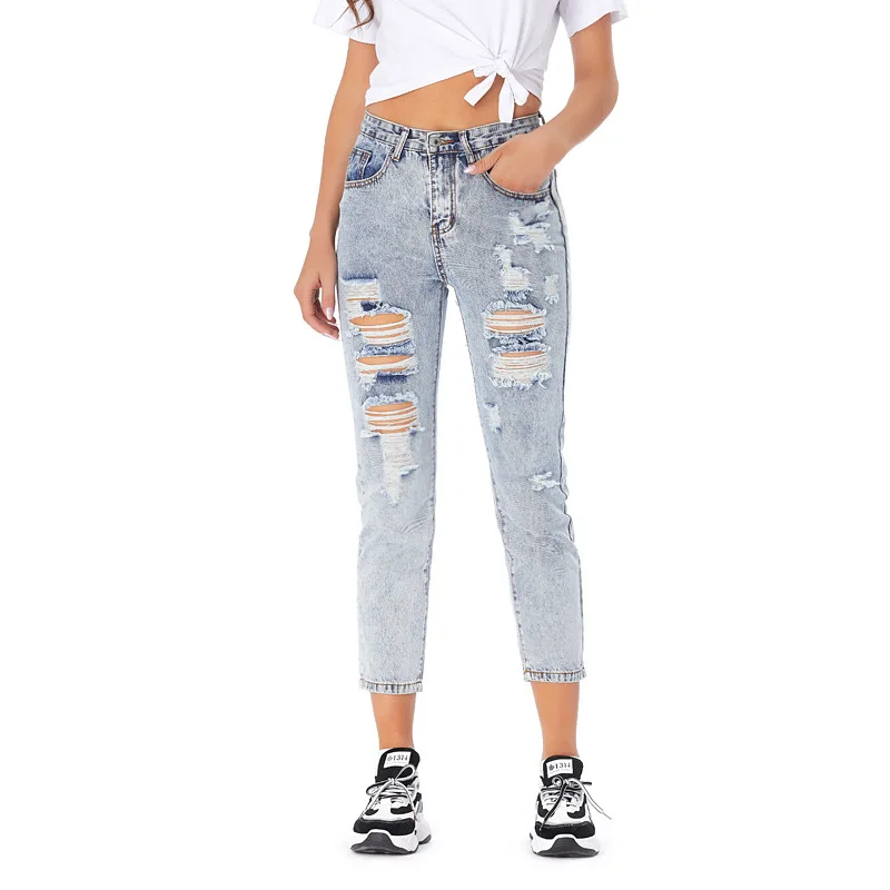 

Women Leisure Ripped Loose Jeans Casual Light Color High Waist Calf Length Trousers Vintage Washed Slim Pencil Pants For Female