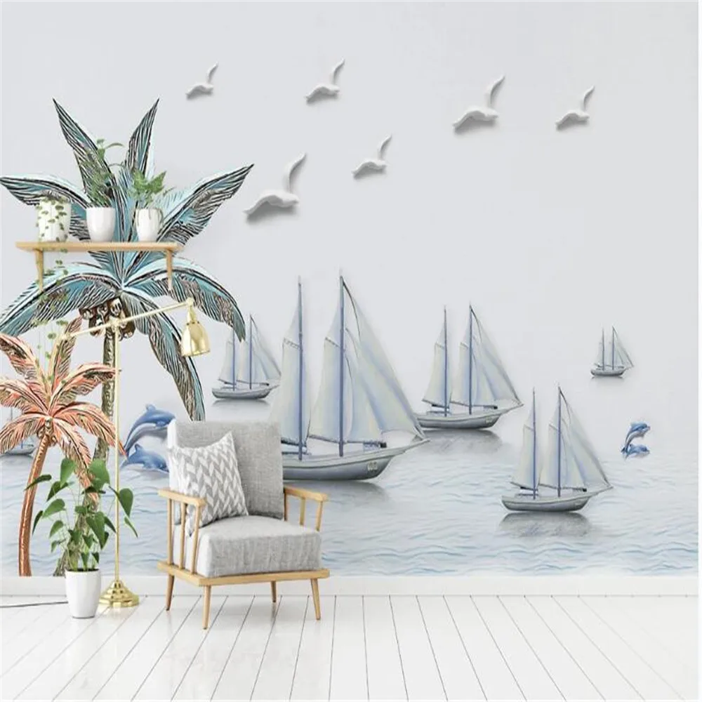

Milofi Private custom Nordic modern embossed boat TV sofa living room bedroom background wallpaper mural