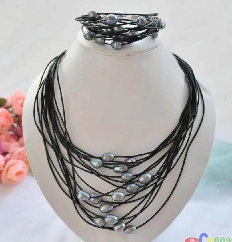 

hot sell new - wholesale 15row 13mm black rice pearl black leather necklace bracelet