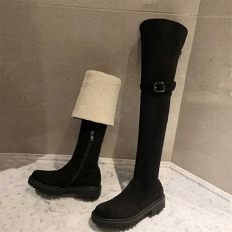 

Meotina Over The Knee Boots Women Shoes Buckle Kid Suede Platform Mid Heel Long Boots Zip Chunky Heels Warm Female Boots Winter