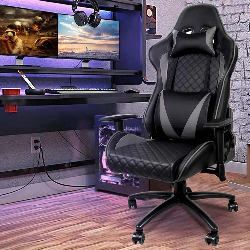 

Ergonomic Computer Gaming Chair Racing High Back PU Leather Adjustable Angle with Headrest Lumbar Support