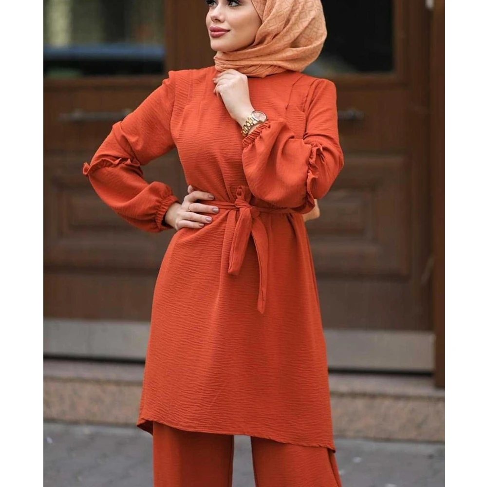 

Lugentolo Two Piece Set Top and Pants Muslim Fashion Round Neck Long Sleeve Sashes Elastic Waist Office Lady Pullover Fashion