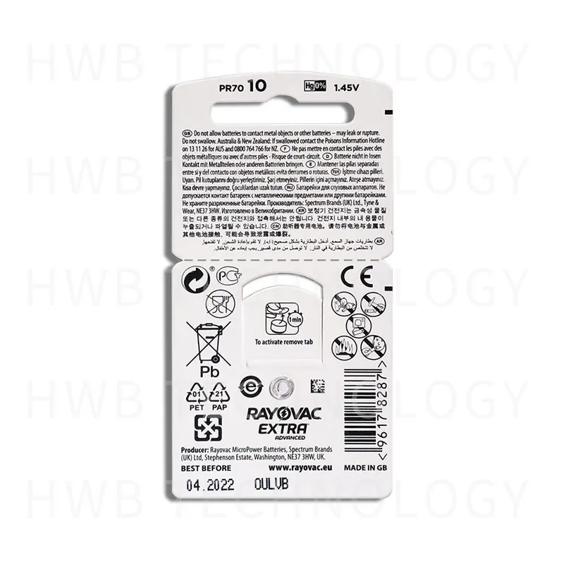 Дополнительные батарейки Rayovac 60x10 (карта) 10 A10 p10 PR70 Цинковый воздушный Аккумулятор