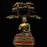 11tibet buddhism old bronze gem painted outline in gold under the bodhi tree shakyamuni buddha statue meditate meditation