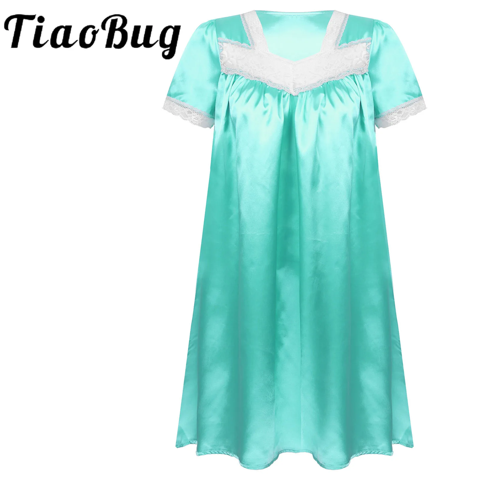 

Женская атласная пижама, ночная рубашка, одежда для сна с коротким рукавом, кружевная плиссированная ночная рубашка, шелковая одежда для сн...