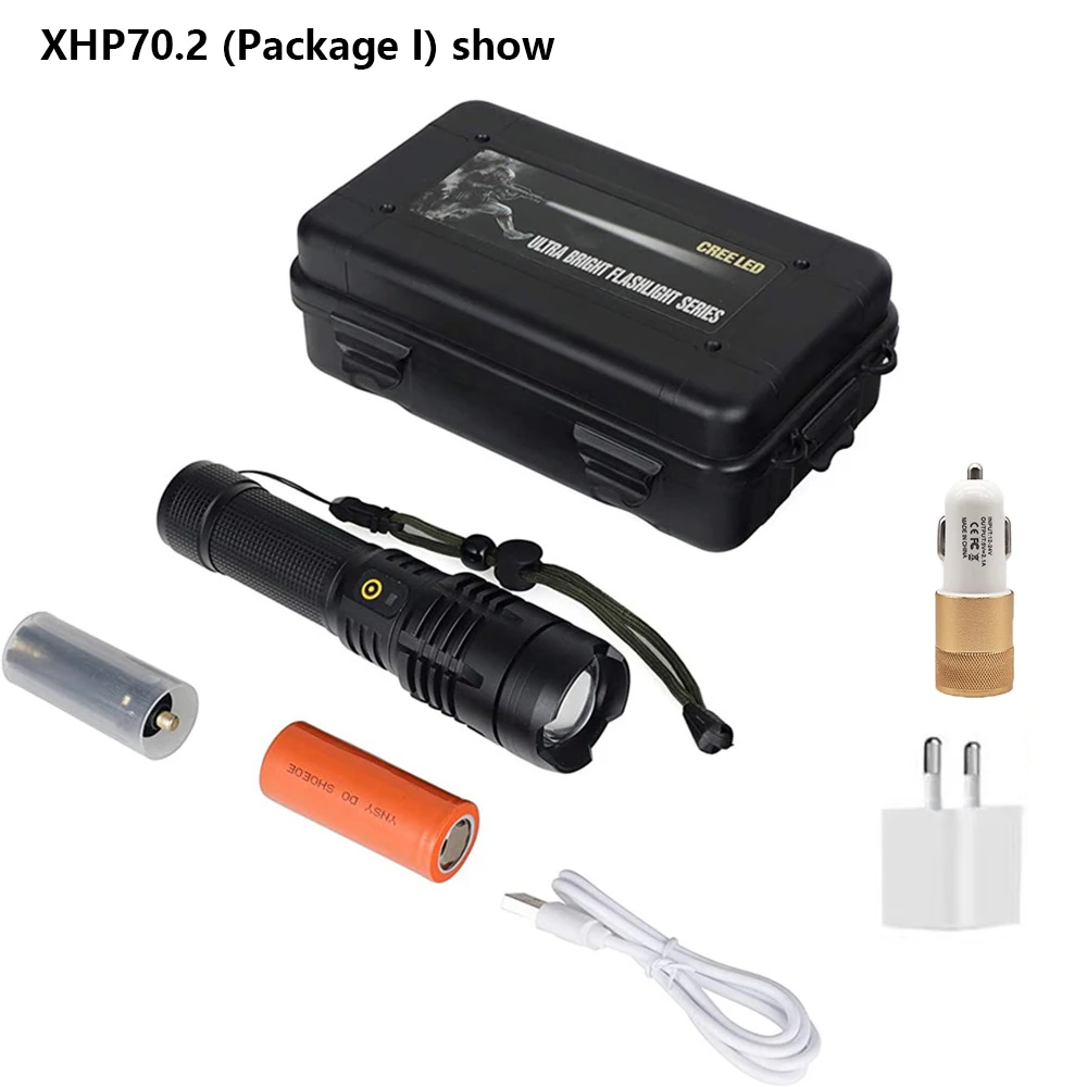 Фото Самые мощные фонарики XHP70.2 с возможностью масштабирования, самые яркие светодиодные перезаряжаемые USB-лампы для кемпинга 26650, ручной фонарь для уличного велосипеда №5