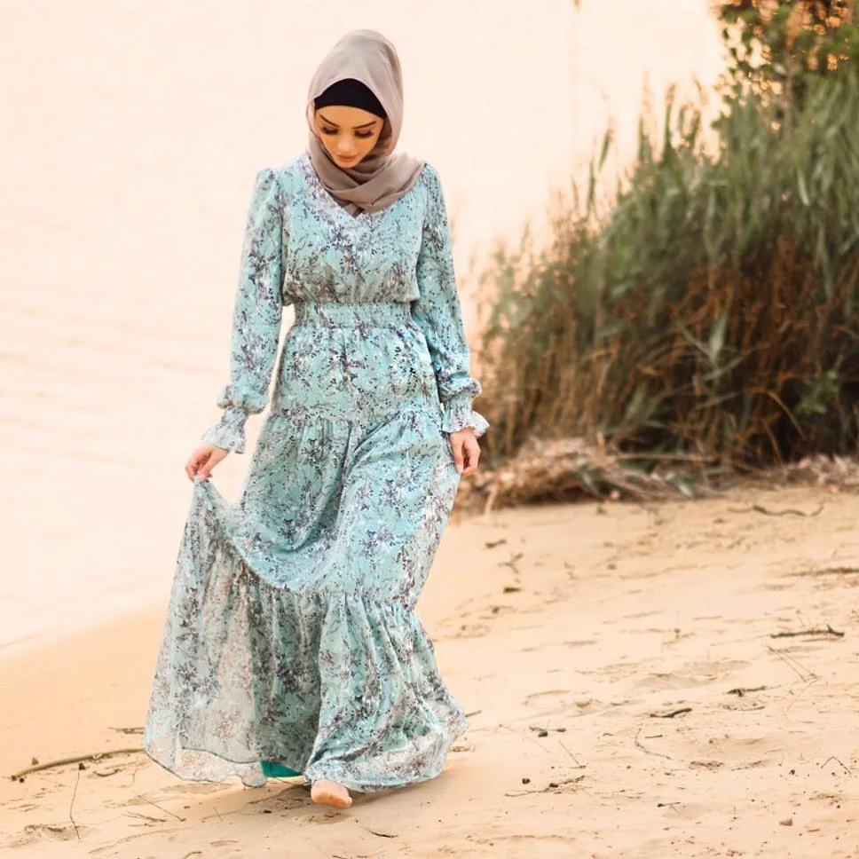 

spring elegant floral print women dress muslim chiffon turkey india abaya gowns djellaba islamic clothing party vestidos boho