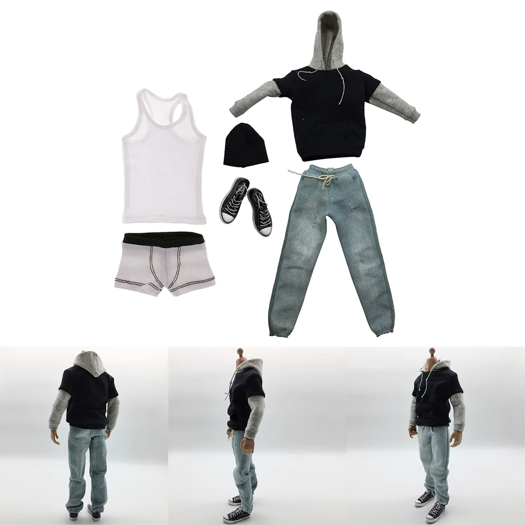 

1/6 Men Long Sleeve Hoodie Denim Jeans Canvas Shoes &Vest & Underwear Set for 12inch Action Figure Accessories