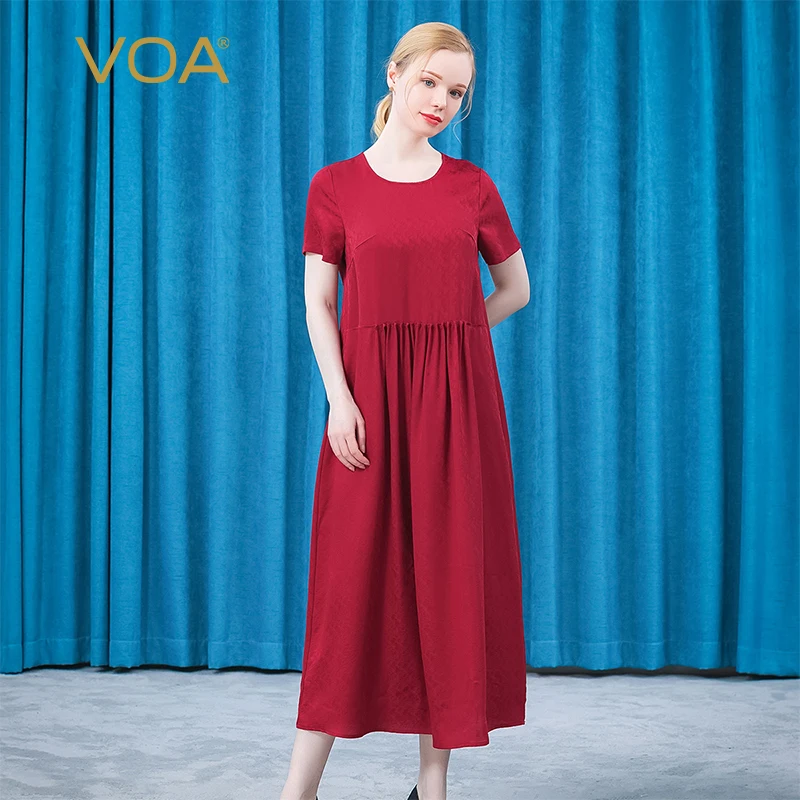 

VOA Silk Sunset Red Dark Jacquard Round Neck Short Sleeve Three-dimensional Fold Asymmetric Loose Breathable Dress Female AE825