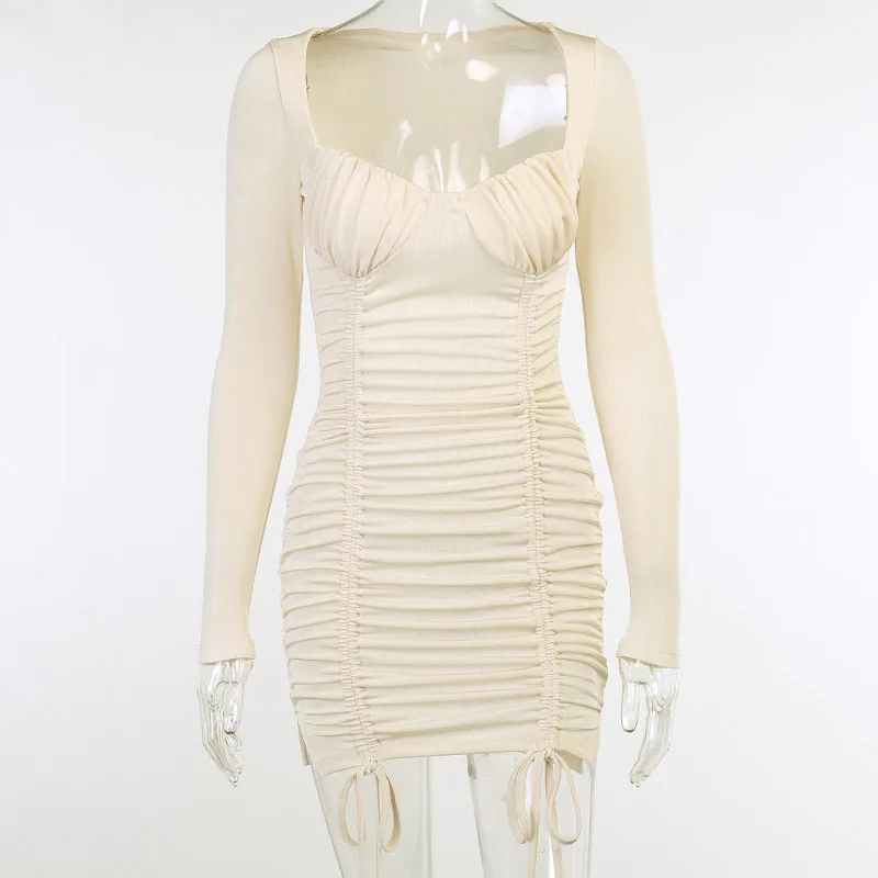 

Sexy Woman Dress Party Drawstring Bodycon Square Neck Long Sleeve Mini Dress Streetwear Spring Autumn Solid Color Ribbed Knitted