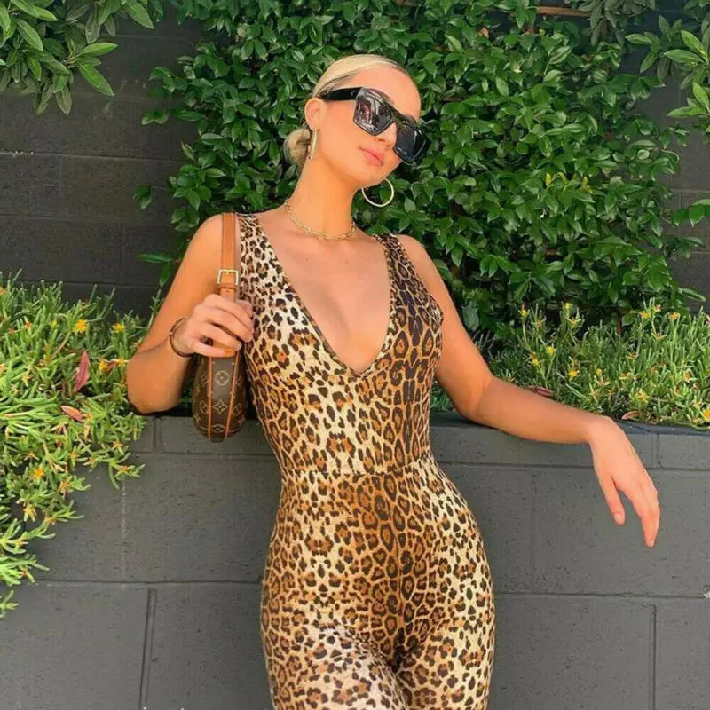 

Women's Sexy V-neck Leopard Bodycon Bodysuit Leotard Jumpsuit Romper Shorts