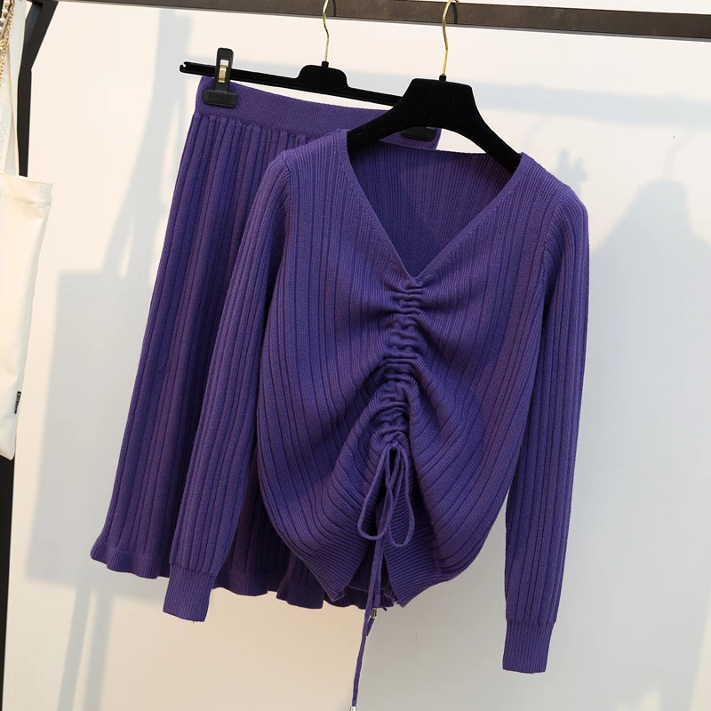 LXMSTH Женский вязаный костюм с юбкой осенне-зимний комплект со шнуровкой