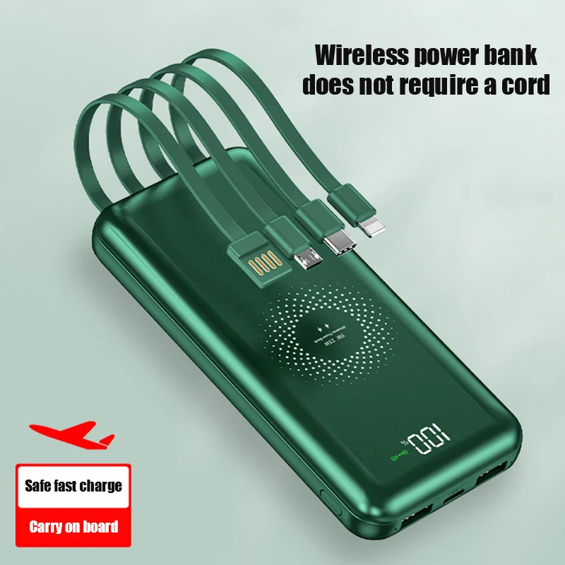 

20000mAh Wireless Charger Power Bank Built-in 4 Cables 10000mAh Powerbank Portable External Battery Charger For iPhone