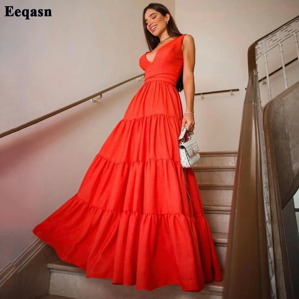 

Eeqasn оранжевое шифоновое платье для выпускного вечера с длинным рукавом и V-образным вырезом многоярусные женские вечерние платья с поясом О...