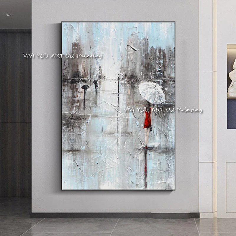 

Handmade Large Wall Artwork Art Abstract Painting Girl White Umbrella Red Dress Grey Blue City Rain Knife Oil Painting on Canvas